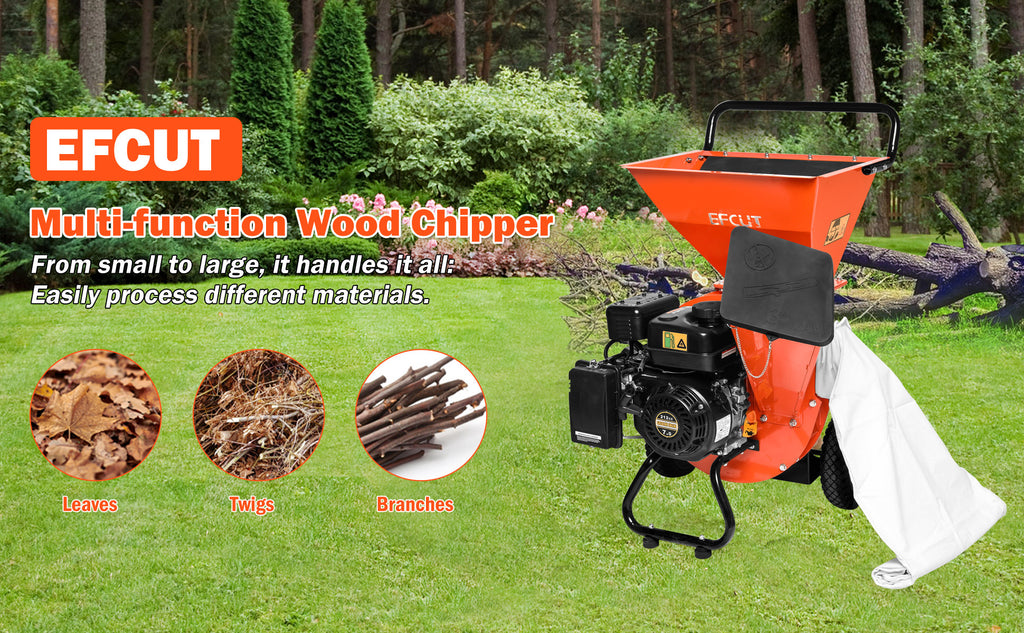 EFCUT 3 in 1 Wood Chipper Shredder Mulcher, 2 Hoppers Multi-Function, 7HP 212cc Heavy Duty Gas Powered, 3" Inch Max Wood Diameter Capacity, Included Debris Bag - EFCUT