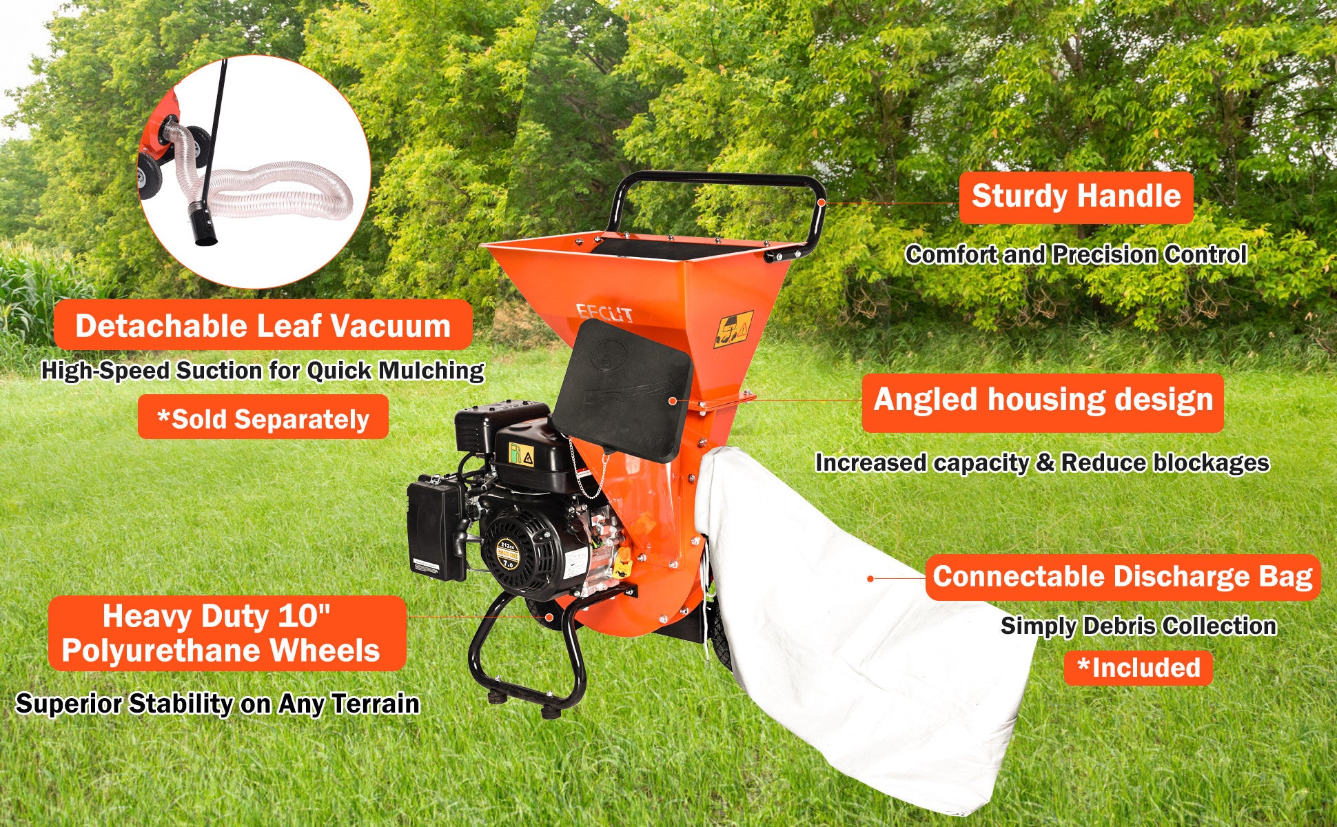 EFCUT 3 in 1 Wood Chipper Shredder Mulcher, 2 Hoppers Multi-Function, 7HP 212cc Heavy Duty Gas Powered, 3" Inch Max Wood Diameter Capacity, Included Debris Bag - EFCUT