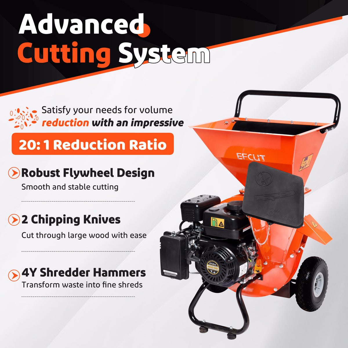 EFCUT 3 in 1 Wood Chipper Shredder Mulcher, 2 Hoppers Multi-Function, 7HP 212cc Heavy Duty Gas Powered, 3" Inch Max Wood Diameter Capacity, Included Debris Bag - EFCUT