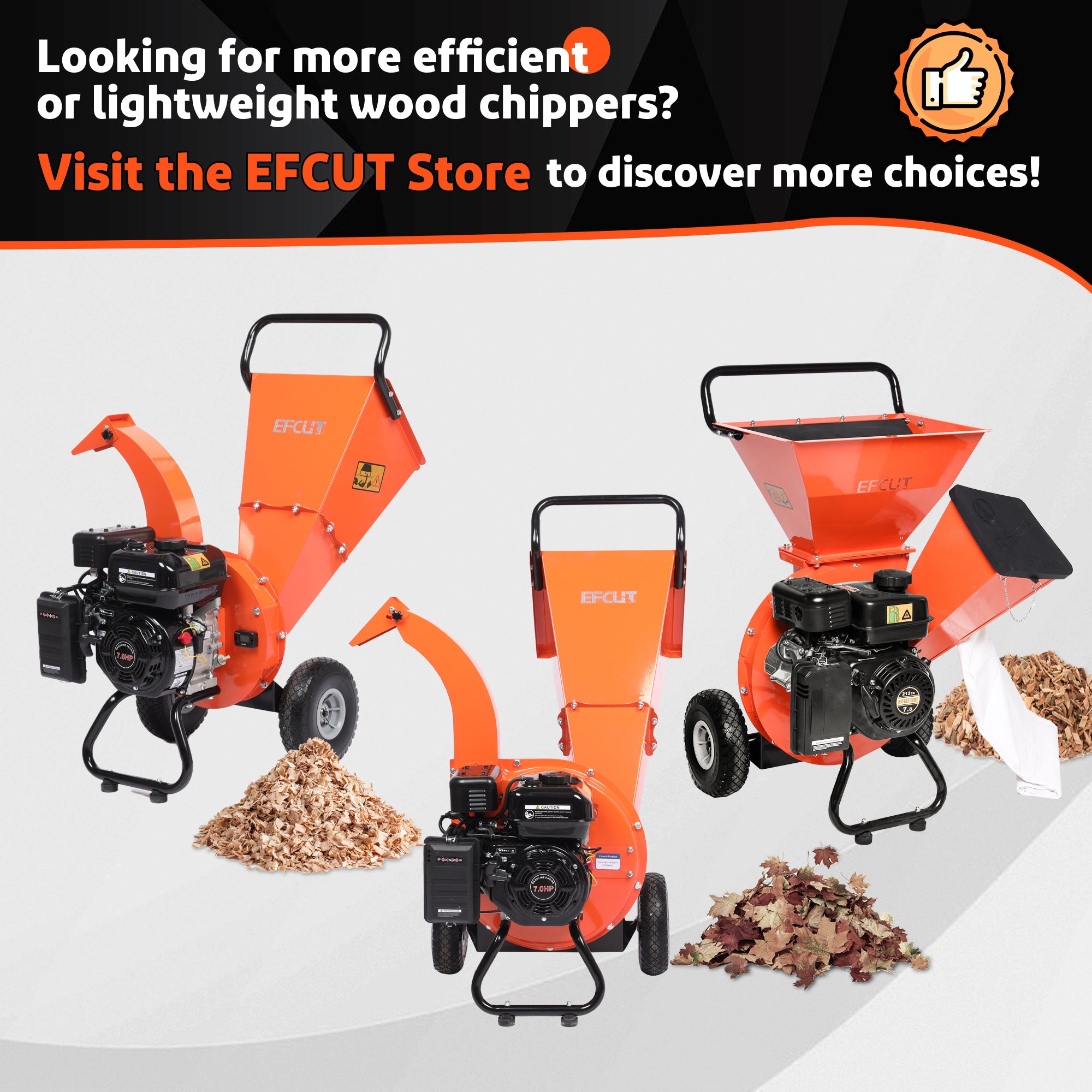 EFCUT 3 in 1 Wood Chipper Shredder Mulcher, 2 Hoppers Multi-Function, 7HP 212cc Heavy Duty Gas Powered, 3" Inch Max Wood Diameter Capacity, Included Debris Bag - EFCUT