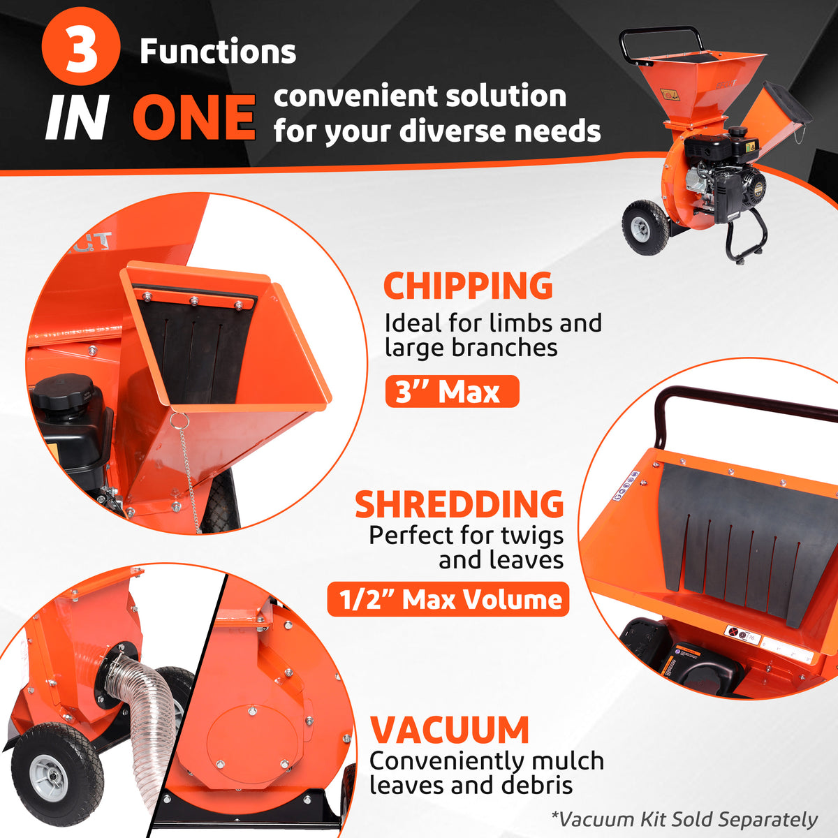 EFCUT 3 in 1 Wood Chipper Shredder Mulcher, 2 Hoppers Multi-Function, 7HP 212cc Heavy Duty Gas Powered, 3" Inch Max Wood Diameter Capacity, Included Debris Bag - EFCUT
