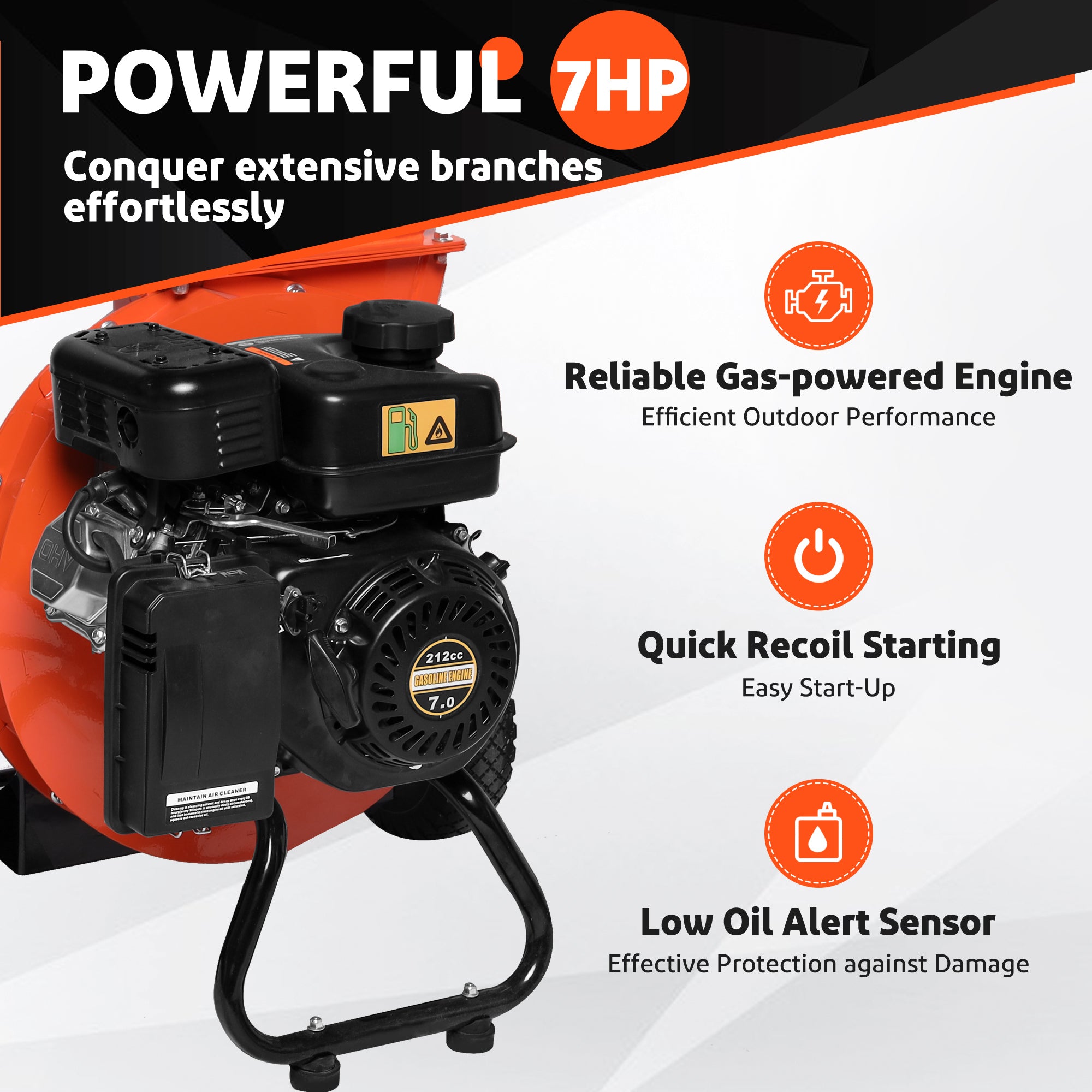 EFCUT 3 in 1 Wood Chipper Shredder Mulcher, 2 Hoppers Multi-Function, 7HP 212cc Heavy Duty Gas Powered, 3" Inch Max Wood Diameter Capacity, Included Debris Bag - EFCUT