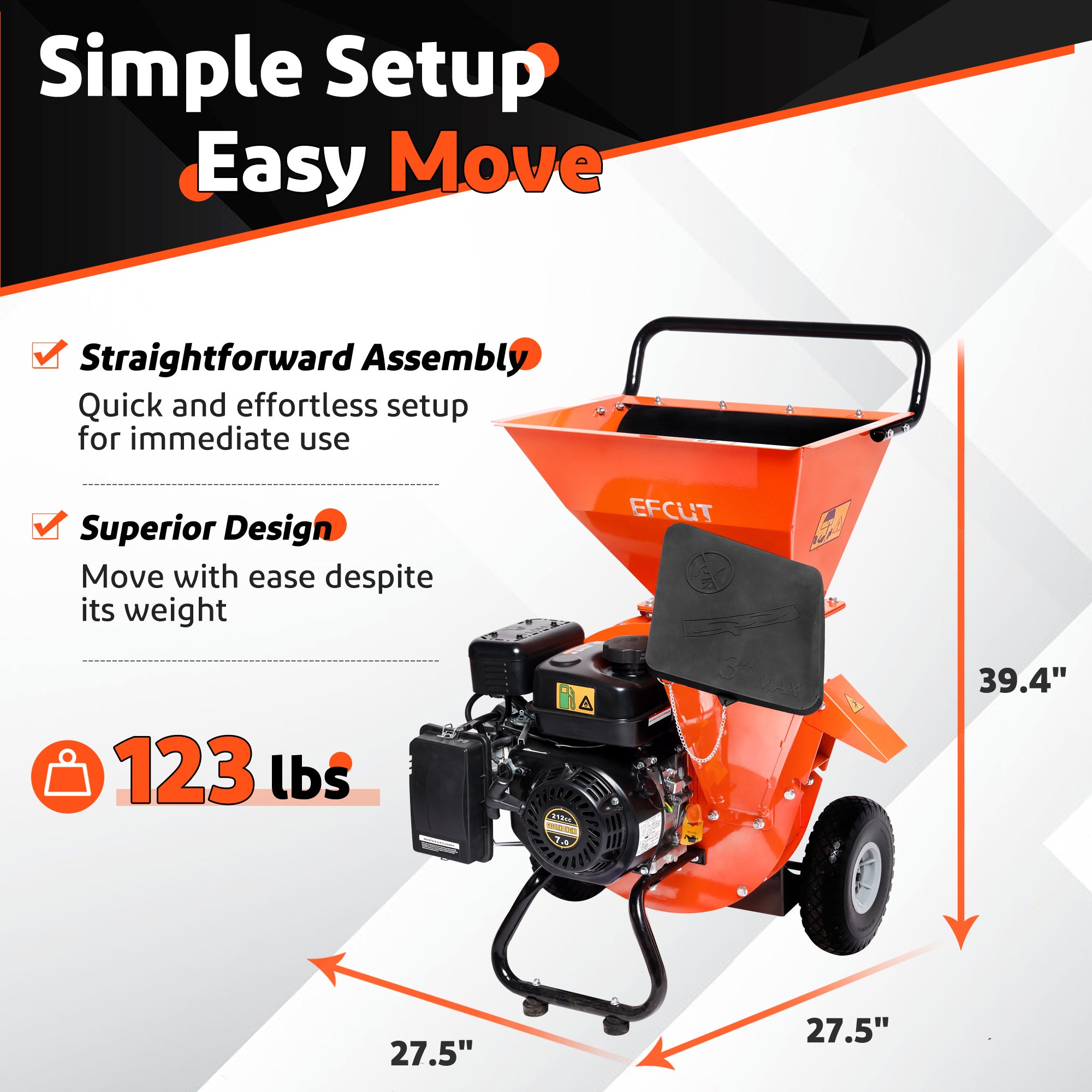 EFCUT 3 in 1 Wood Chipper Shredder Mulcher, 2 Hoppers Multi-Function, 7HP 212cc Heavy Duty Gas Powered, 3" Inch Max Wood Diameter Capacity, Included Debris Bag - EFCUT