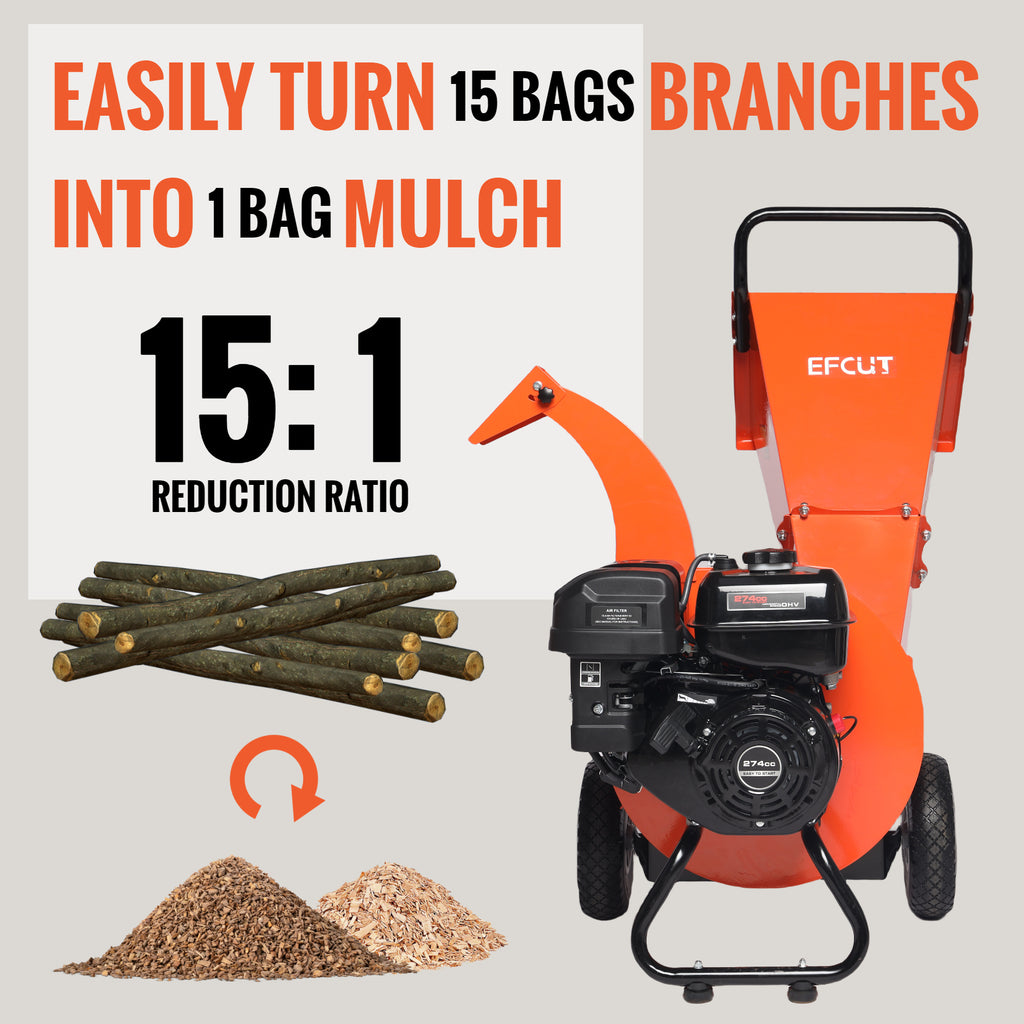 EFCUT C40 Wood Chipper 4" inch Max Diameter Capacity 9 HP 274cc Gas Powered Engine Heavy Duty Shredder Mulcher - EFCUT