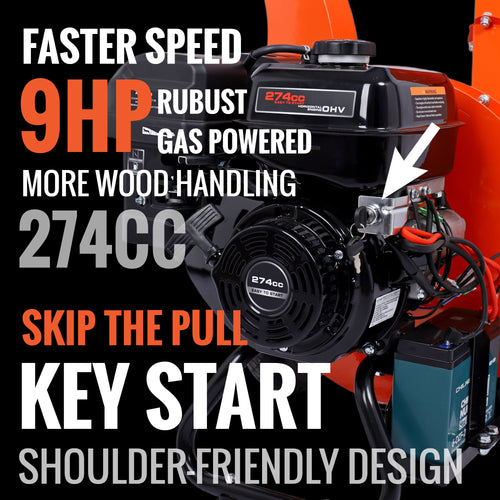 EFCUT C40E 4" Wood Chipper, Easy Key Start, 9HP 274cc Gas Powered Engine, 4 inch Max Branch Capacity, Heavy Duty Shredder Mulcher with Electric Start