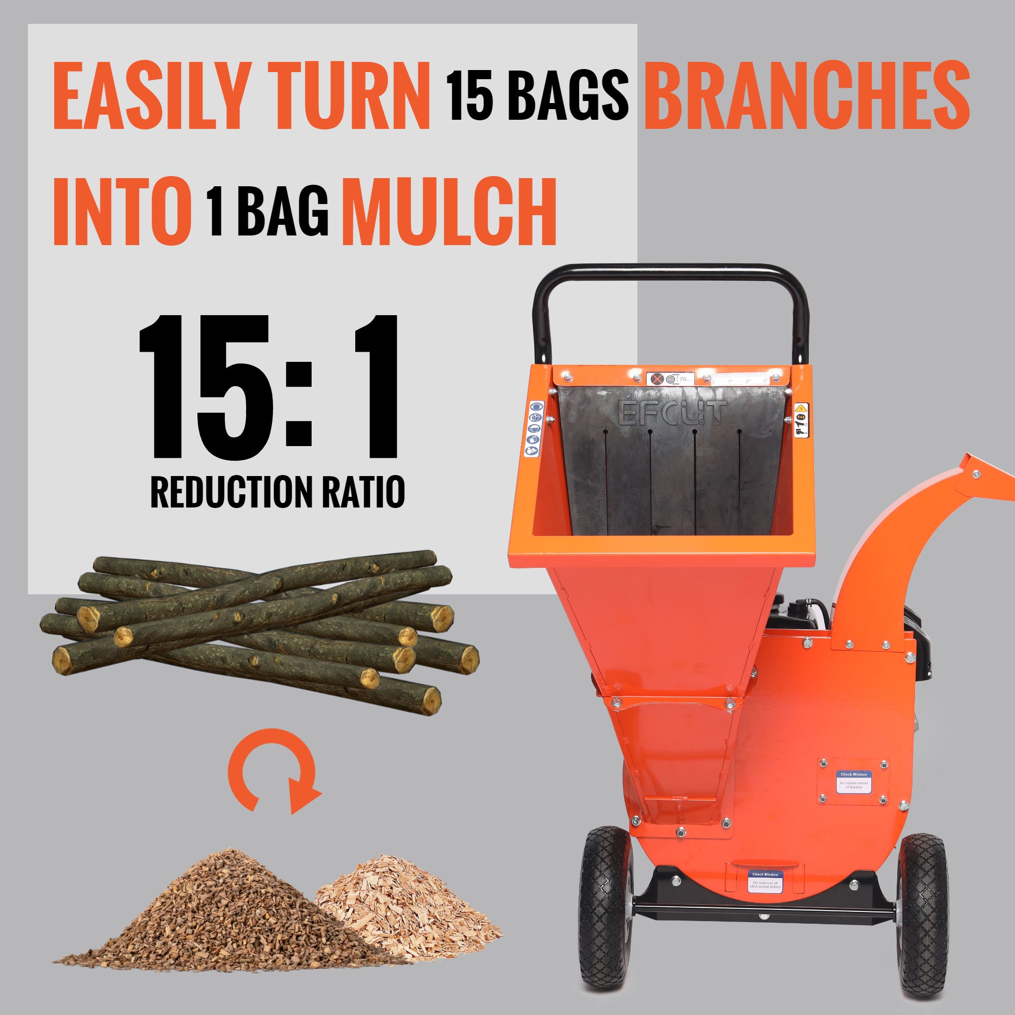 EFCUT C40E 4" Wood Chipper, Easy Key Start, 9HP 274cc Gas Powered Engine, 4 inch Max Branch Capacity, Heavy Duty Shredder Mulcher with Electric Start